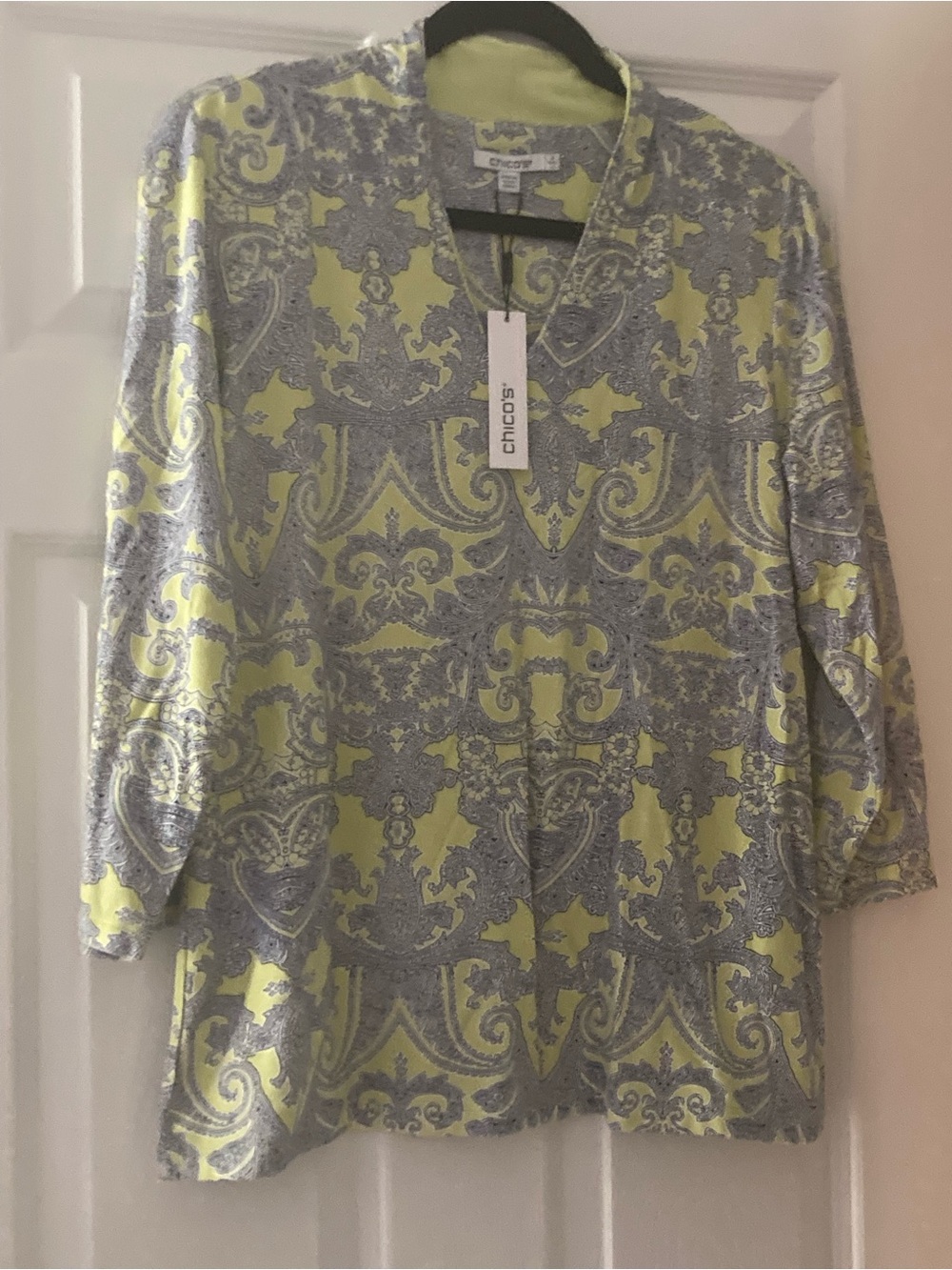 Chico's Lime and Gray Paisley-Print V-Neck Long Sleeve Top
